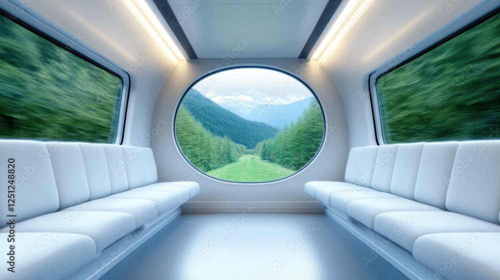 A bright, minimalist train interior frames a beautiful natural landscape, emphasizing modern design while inviting passengers to enjoy the scenery of rolling hills and trees. A bright, minimalist train interior frames a beautiful natural landscape, emphasizing modern design while inviting passengers to enjoy the scenery of rolling hills and trees.