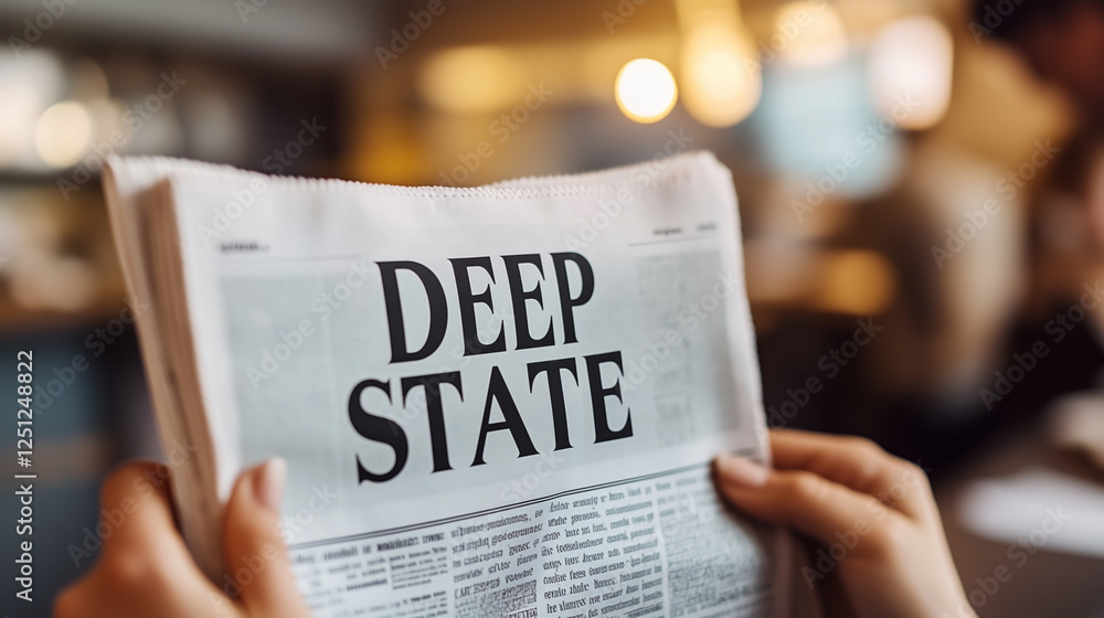 Hands holding a newspaper with the headline deep state in a cafe, exploring themes of hidden power, government conspiracy, and political intrigue Hands holding a newspaper with the headline deep state in a cafe, exploring themes of hidden power, government conspiracy, and political intrigue