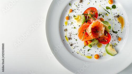 Top view of delicious food on a white plate, elegant presentation