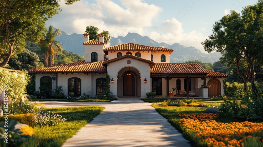 Fototapeta premium Mountainside villa driveway, landscaping, sunset