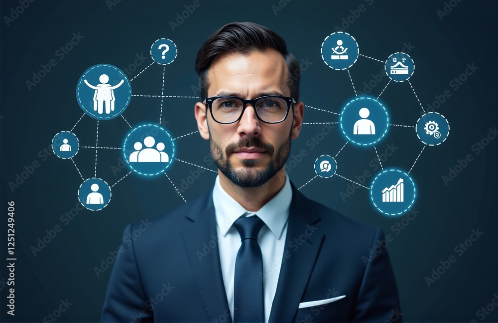 Businessman Surrounded By Digital Icons Representing Hr Management Functions Including Recruitment, Employee Hierarchy, And Performance Analysis. 00002 Businessman Surrounded By Digital Icons Representing Hr Management Functions Including Recruitment, Employee Hierarchy, And Performance Analysis. 00002
