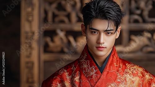 A graceful Chinese man in a magnificent red Tang suit, standing beneath an ornate wooden gateway adorned with traditional carvings. His confident expression and elegant posture reflect the grandeur  photo