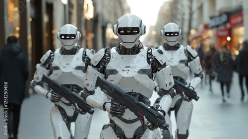 Wallpaper Mural Three futuristic robots patrol a bustling urban street, equipped with weapons, showcasing advanced technology and a blend of security and sci-fi elements. Torontodigital.ca