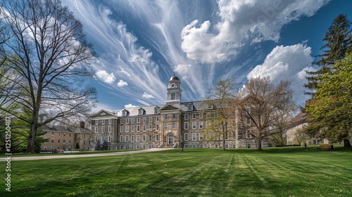 Historic old main building at penn state university on a sunny spring day in state college, pennsylvania