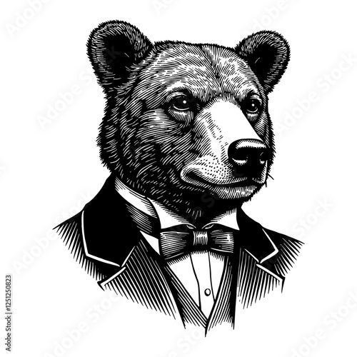 Elegant Bear Head Victorian Suit Black and White Detailed Outline Line Art Drawing Illustration
