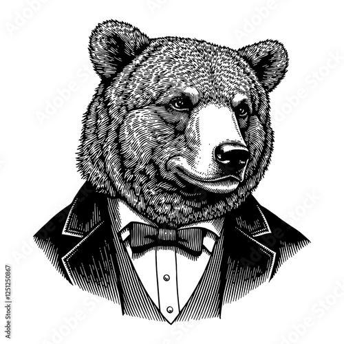 Bear Humanoid Wearing Victorian Suit Detailed Black and White Outline Line Art Drawing