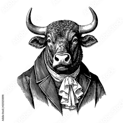 Bull Humanoid Wearing French Suit Black and White Outline Line Art Drawing Detailed Illustration