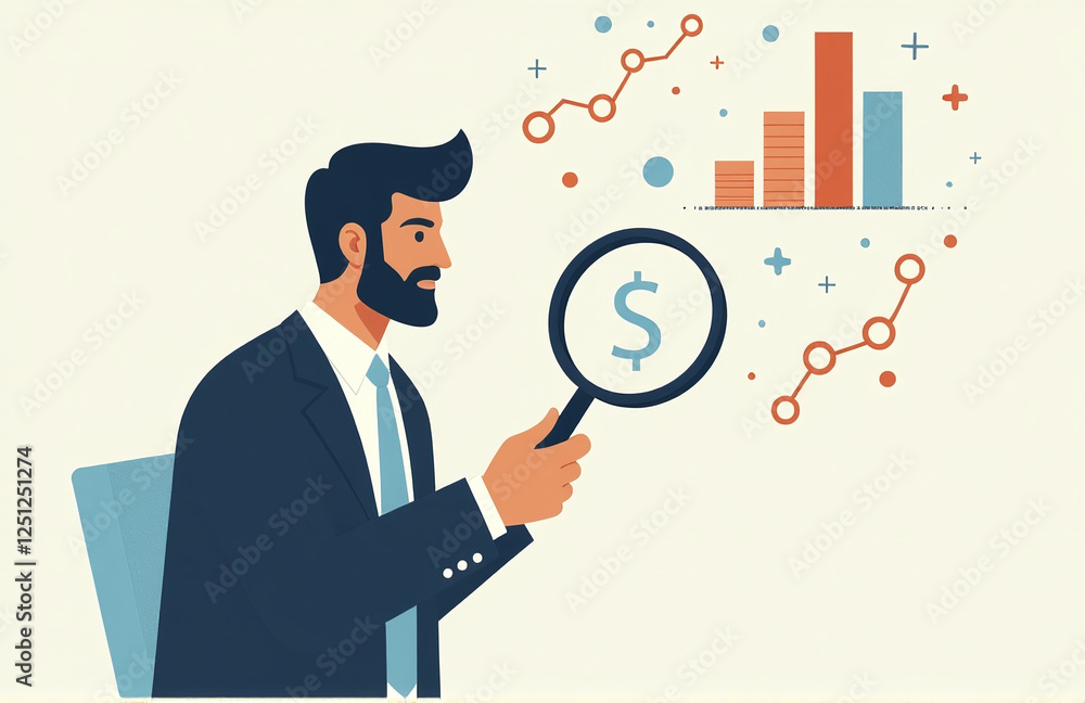 Businessman Uses A Magnifying Glass To Analyze Financial Icons, Symbolizing The Importance Of Return On Investment In Business Decisions. 00001 Businessman Uses A Magnifying Glass To Analyze Financial Icons, Symbolizing The Importance Of Return On Investment In Business Decisions. 00001