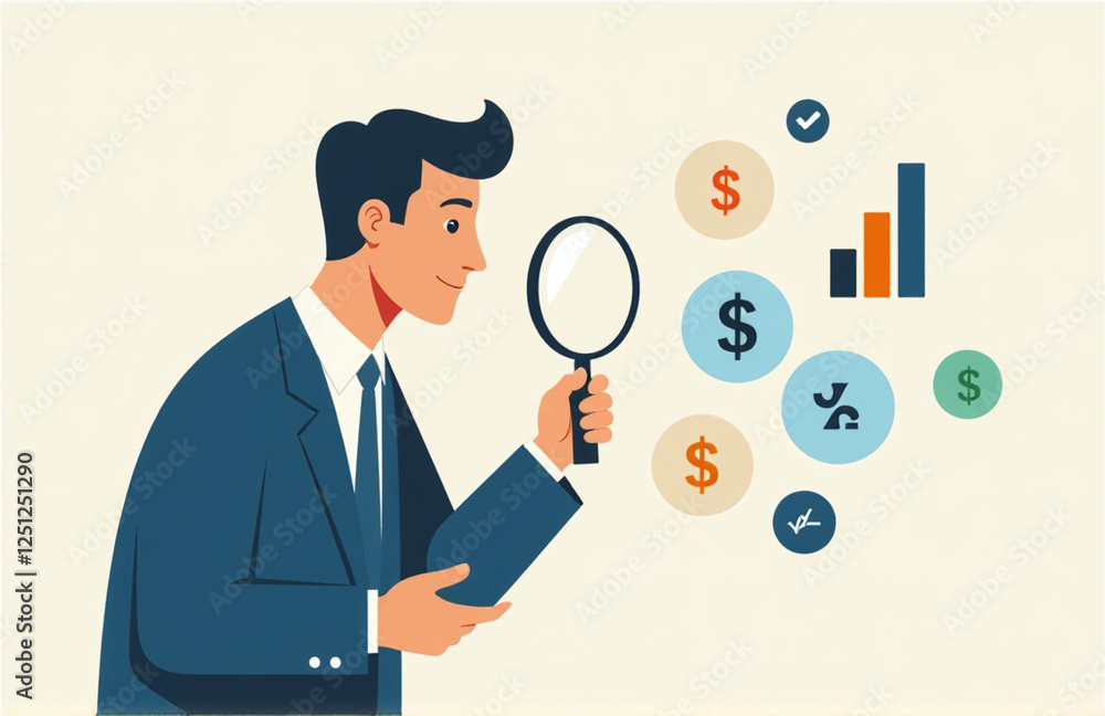 Businessman Uses A Magnifying Glass To Analyze Financial Icons, Symbolizing The Importance Of Return On Investment In Business Decisions. 00002 Businessman Uses A Magnifying Glass To Analyze Financial Icons, Symbolizing The Importance Of Return On Investment In Business Decisions. 00002