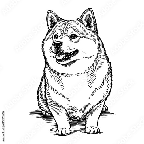 Chubby Shiba Inu Portrait Sitting Front View in Black and White Outline Line Art Drawing