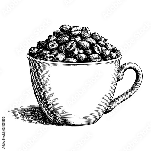 Coffee Beans in a Cup with Detailed Black and White Outline Line Art Drawing Illustration