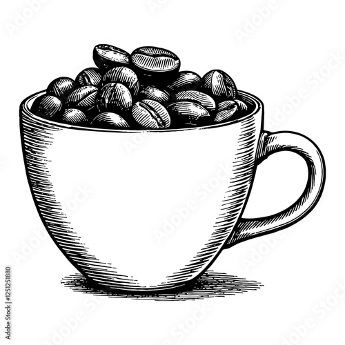 Coffee Beans Overflowing in a Cup Black and White Outline Line Art Drawing of Hot Beverage