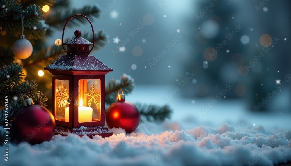 Scenic Christmas lantern illuminates snowy table scene with fir and ornaments , celebration, snowy landscape Scenic Christmas lantern illuminates snowy table scene with fir and ornaments , celebration, snowy landscape