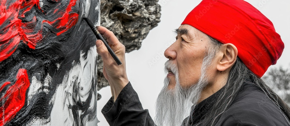 Obraz premium Elderly artist paints red, black, white outdoor mural