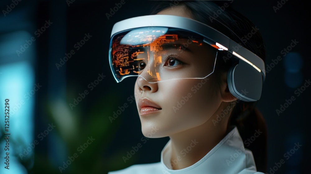 Close-Up Portrait of a Woman Wearing Futuristic VR Headset in a High-Tech Environment with Digital Reflections Close-Up Portrait of a Woman Wearing Futuristic VR Headset in a High-Tech Environment with Digital Reflections