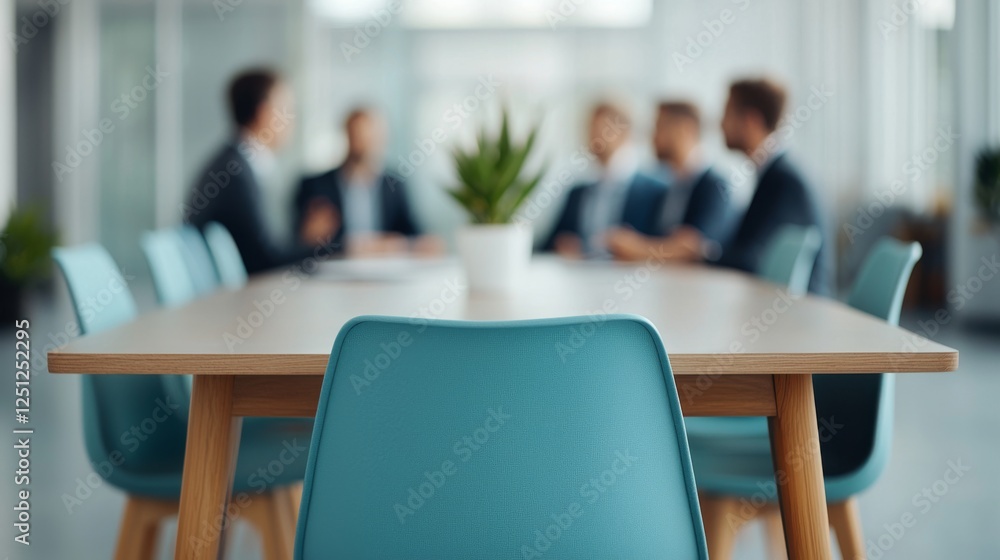 Obraz premium A modern conference room setting featuring a wooden table, teal chairs, and a potted plant, with blurred individuals engaged in discussion.