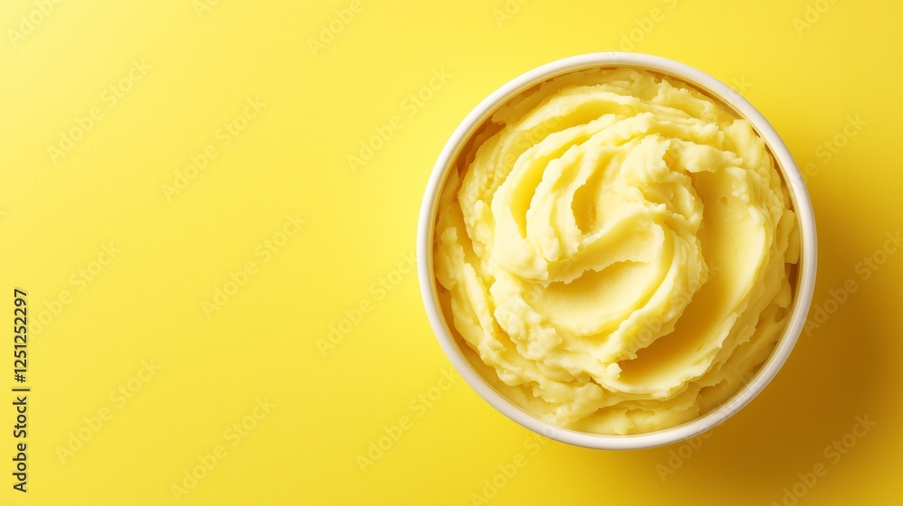 Potato puree in bowl, yellow background, top view Potato puree in bowl, yellow background, top view