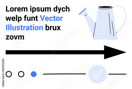 Watering can, bold arrow, progress bar, checkmark circle, and text elements in a minimalist style. Ideal for user interface design, garden-themed projects, progress tracking, infographics icons