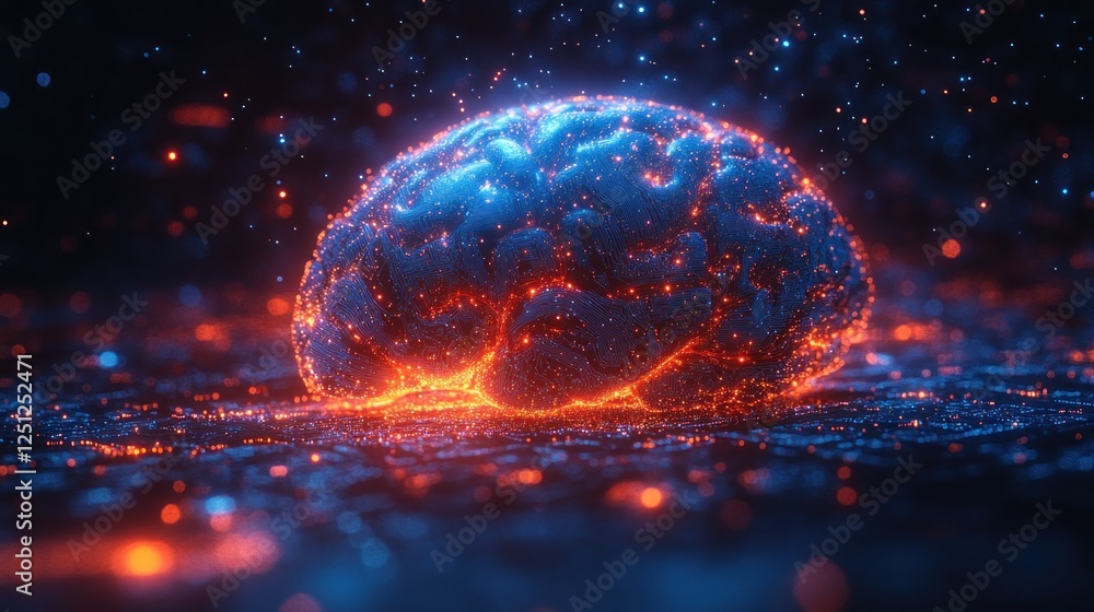 Obraz premium Glowing brain, particle effect, dark background, neural network concept