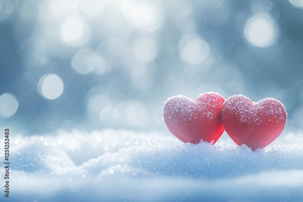 Two red hearts on snow, a Valentine's Day background banner with copy space for text, bokeh, a light blue and white color theme, stock photo. Two red hearts on snow, a Valentine's Day background banner with copy space for text, bokeh, a light blue and white color theme, stock photo.
