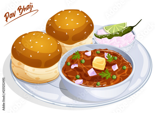 Bombay Special Pao Bhaji - Bun Rolls Served with Spicy Vegetable Curry, Chopped Onions, Green Chili and Lime in a Plate. Indian Street Food Illustration