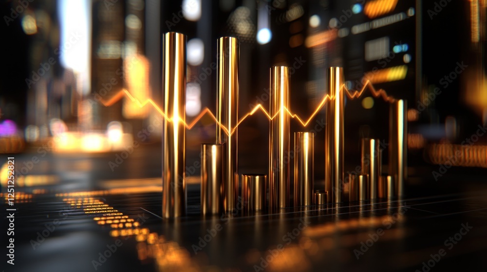 Golden bars chart, city night, growth graph, financial success, stock image Golden bars chart, city night, growth graph, financial success, stock image