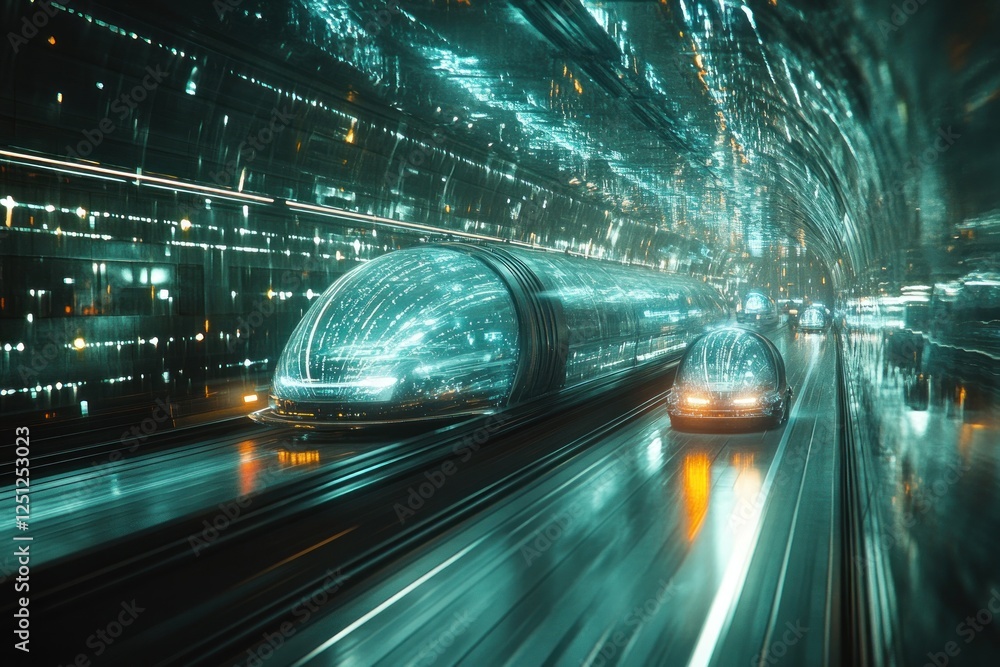 Fototapeta premium Futuristic transport pods speeding through illuminated tunnel