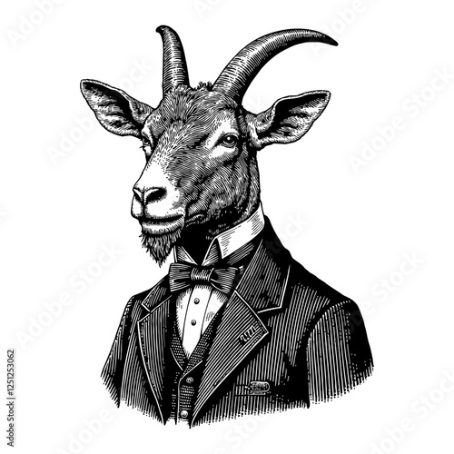 Goat in Victorian Suit Detailed Black and White Outline Line Art Drawing Illustration