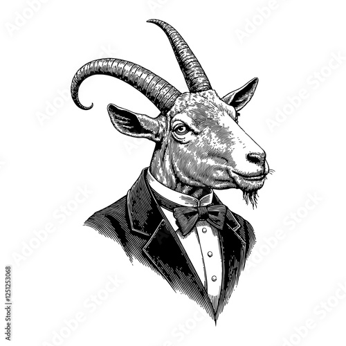 Goat Head with Victorian Suit Detailed Black and White Outline Line Art Drawing