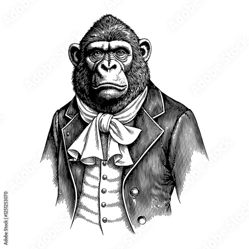 Serious Gorilla with a French Suit in Detailed Black and White Outline Line Art Drawing