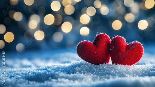 Two red hearts on snow, a Valentine's Day background banner with copy space for text, bokeh, a light blue and white color theme, stock photo.