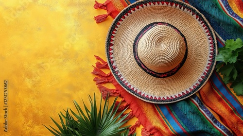 Cinco de Mayo event portrayal Top view vertical photo capturing party must-haves and a bright striped serape on a sunny yellow background with space for captions.