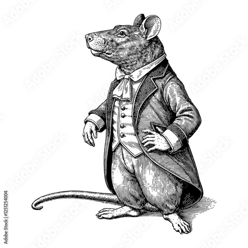 Rat with Humanoid Body Wearing Suit in Black and White Detailed Outline Line Art Drawing