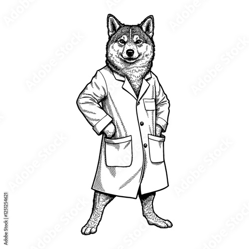 Shiba Inu Humanoid in Doctor Costume Black and White Outline Line Art Drawing Illustration