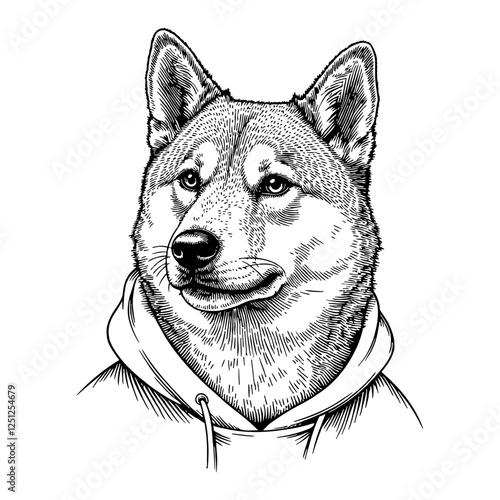 Dog Head in Hoodie Shiba Inu Humanoid Detailed Black and White Outline Line Art Drawing