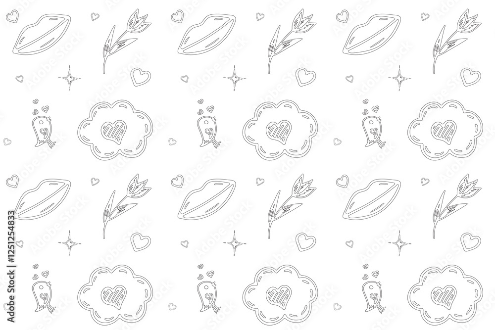 Hand drawn seamless pattern with love elements in linear style on white background . Valentines doodle elements: heart in cloud, flowers, birds, lips, hearts in sketch style. Vector illustration. Hand drawn seamless pattern with love elements in linear style on white background . Valentines doodle elements: heart in cloud, flowers, birds, lips, hearts in sketch style. Vector illustration.