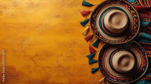 Cinco de Mayo theme Overhead shot featuring festive items - mini sombreros, colorful serape, string of flags - on a vibrant yellow backdrop with space for text.