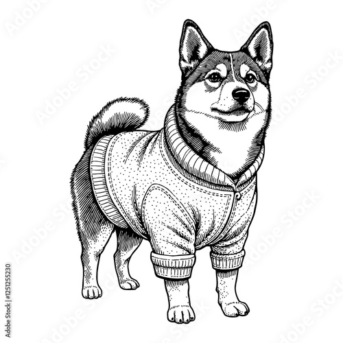 Shiba Inu Dog Wearing Sweater Detailed Black and White Outline Line Art Drawing