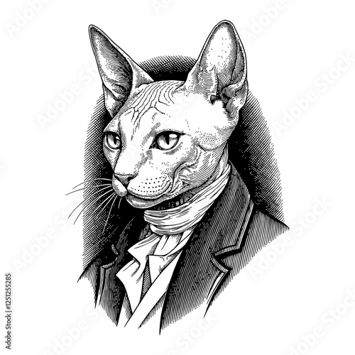 Sphynx Cat Humanoid Wearing French Suit Black and White Outline Line Art Drawing