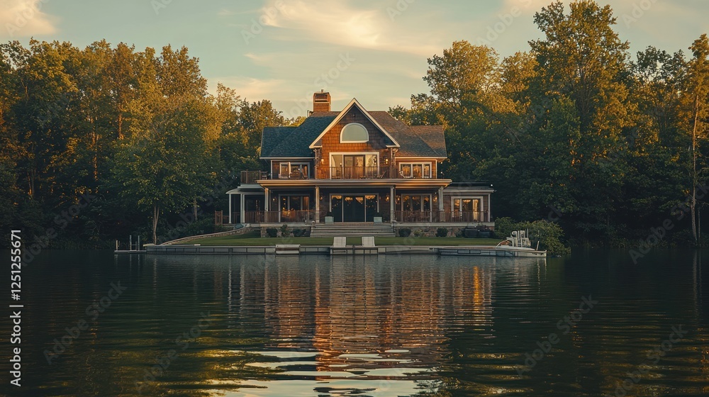 Obraz premium Lakeside mansion sunset reflection, tranquil waterfront, real estate