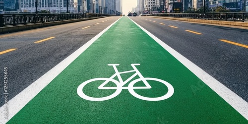 Government support. Bike lane marked with a bicycle symbol on a city street surrounded by buildings. photo