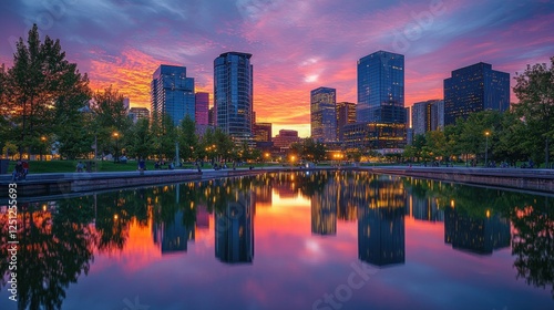 Cityscape sunset reflection, park, urban, evening, vibrant, skyline, water, tranquility, tourism, brochure