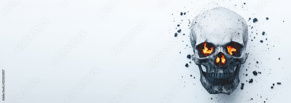 A skull with glowing eyes emerges from a cracked surface, creating a striking contrast between dark and light elements. A skull with glowing eyes emerges from a cracked surface, creating a striking contrast between dark and light elements.