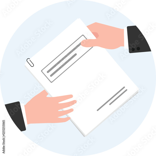 Two hands exchanging document paper icon, Businessman hands holding and send paper sheet to another people.