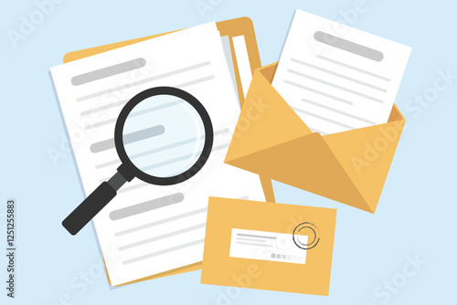 Envelope mail with document paper and document folder with magnifying glass concept.