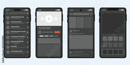 Set of mobile app UI design in dark mode, E-mail App in black color, Social network app UI in dark mode.