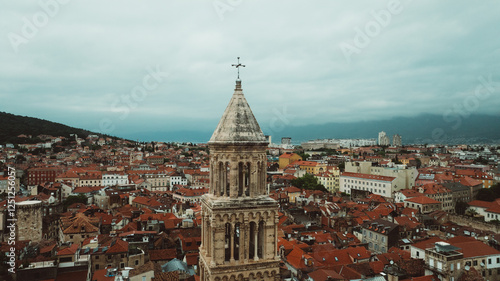 Aerial view Split Croatia. Historic city center with old architecture, cathedral bell tower, central square and pedestrian streets.