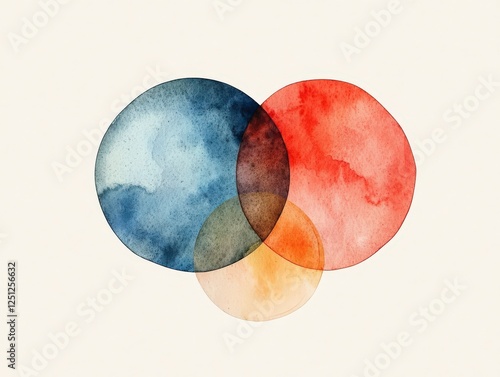 Watercolor Venn Diagram: A visually engaging abstract art piece featuring a trio of overlapping circles painted in muted blue, red, and orange watercolor hues.