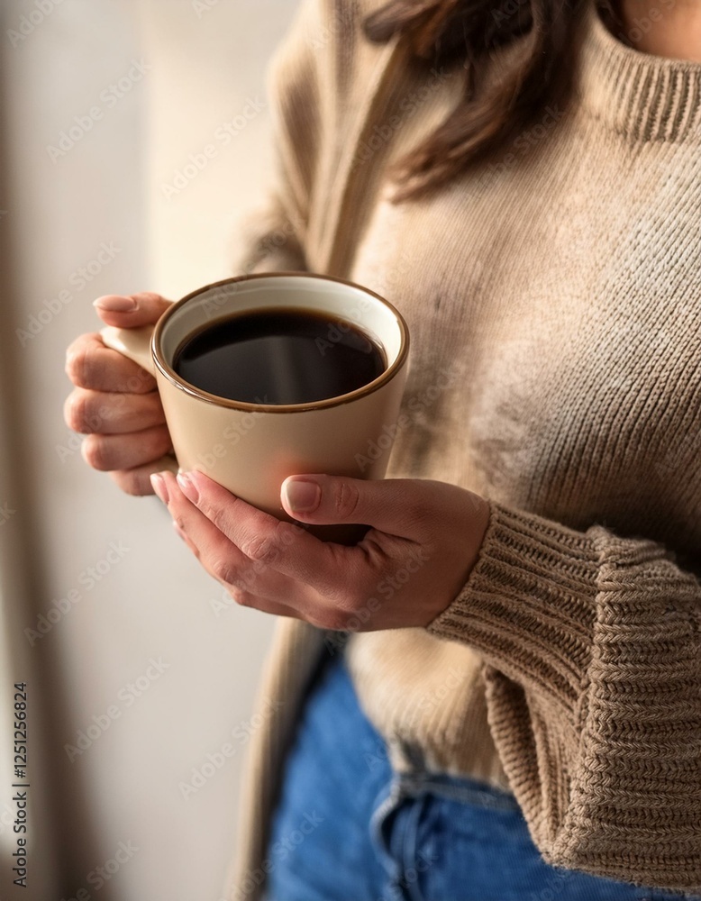 grande tasse de café dans les mains d'une jeune femme en pull, boisson chaude pour se réchauffer en ia grande tasse de café dans les mains d'une jeune femme en pull, boisson chaude pour se réchauffer en ia