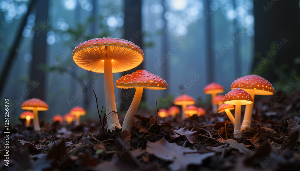 Fototapeta premium Glowing mushrooms illuminating foggy forest floor, nature's enchantment